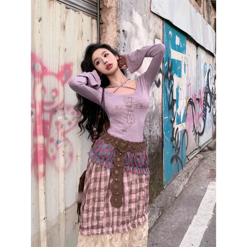 WAKUTA Japanese Y2k Knitted Tops Aesthetics Flare Sleeve T-shirts Vintage Harajuku Purple Knitwear American Retro 2000s Suits