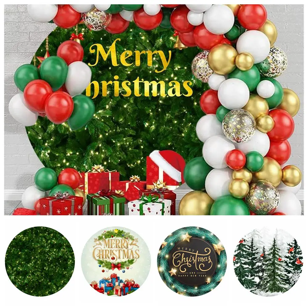 

Green Christmas Round Backdrop Cover Pine Tree Holly Leaves Bells Kids Portrait Christmas Party Circle Photography Background