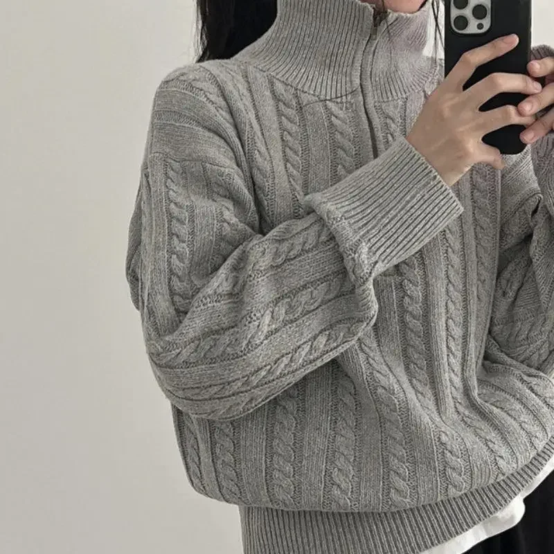 Korean Fashion Half Zipper Sweaters Women Vintage Twisted Knitted Crop Pullover Casual Sueter Mujer Long Sleeve Tops