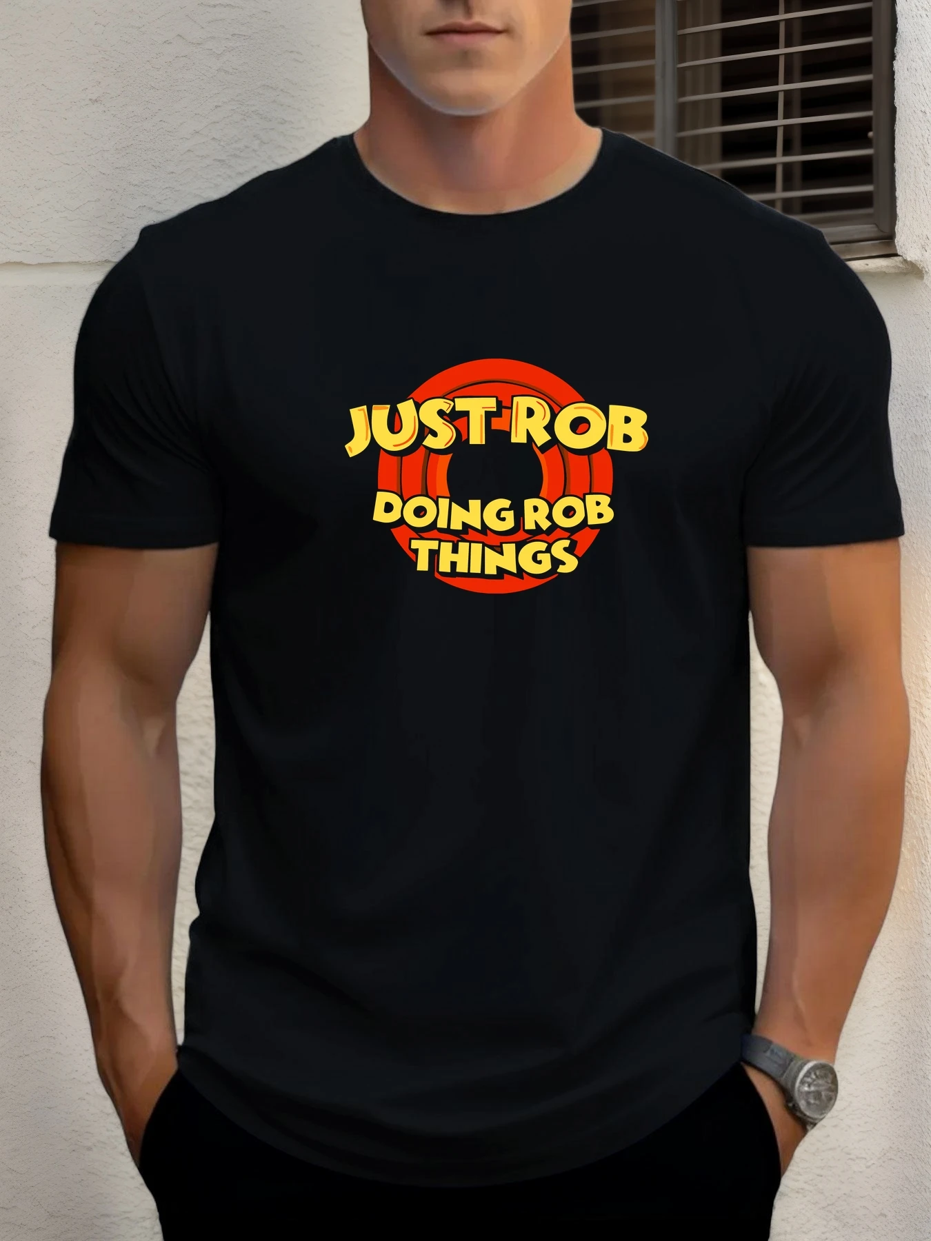 

Man Short Sleeve T-shirt JUST ROB DOING ROB THINGS Print Summer Round Neck Oversized Tee Casual Fashion High Quality Clothing