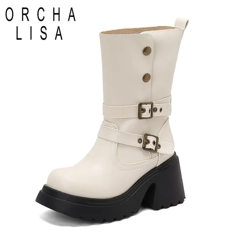 

ORCHA LISA Брендовые женские сапоги до середины икры в стиле ретро с круглым носком на массивном каблуке 8 см, платформе 3,5 см, пряжки ремня, большой размер 43 44 45