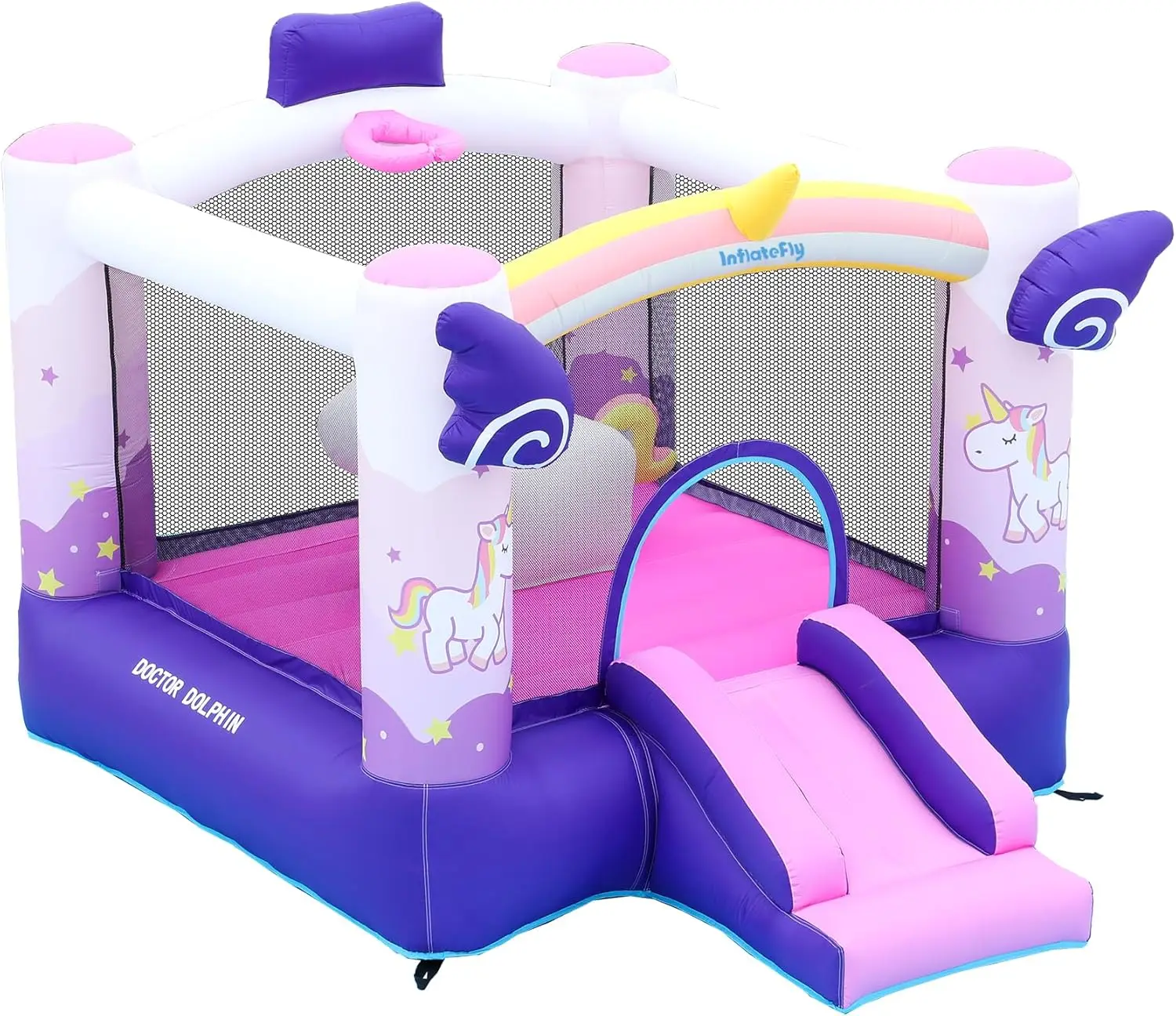 Eenhoorn springkasteel met glijbaan, basketbalring voor kinderen van 3-12 jaar, opblaasbaar springkasteel voor buiten en binnen, inclusief