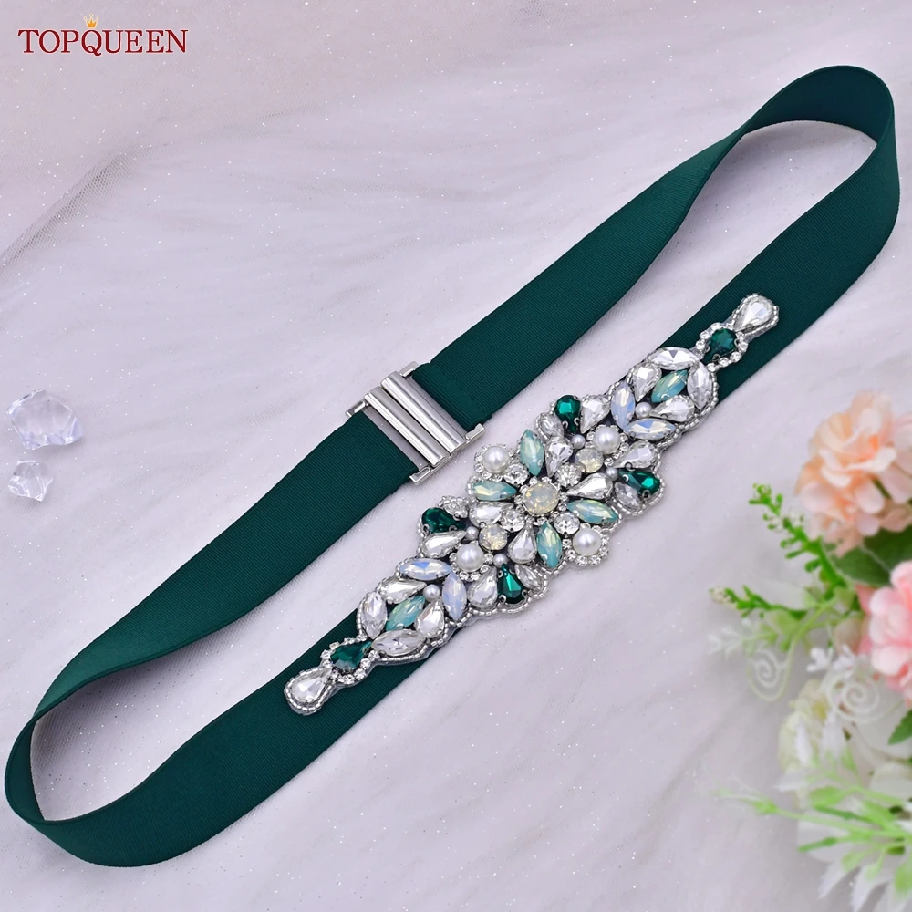 

TOPQUEEN S443 Women Elastic Belt Bridal Fashion Green Rhinestone Party Evening Dresses Stretch Sash Wedding Accessory Waistband