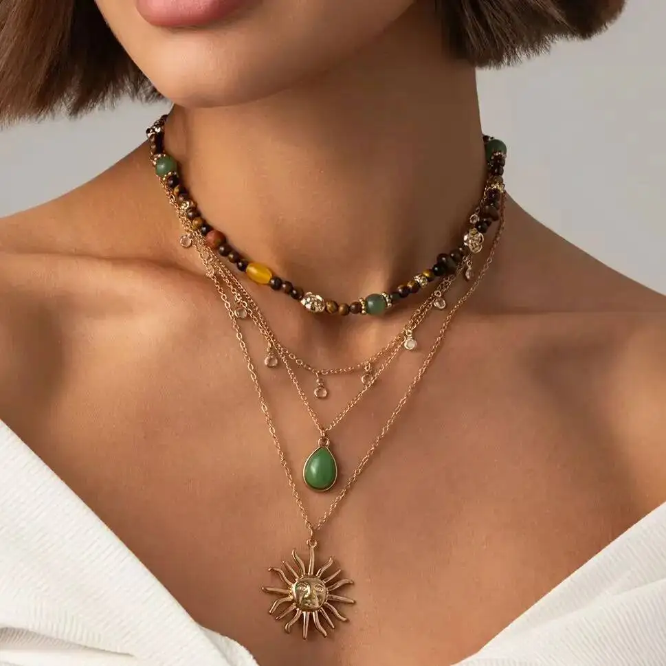 SHIXIN Vintage 4Pcs/set Green Stone Sun Pendant Necklace Women Exquisite Stacked Glass Acrylic Drill Beaded Chain Party Jewelry