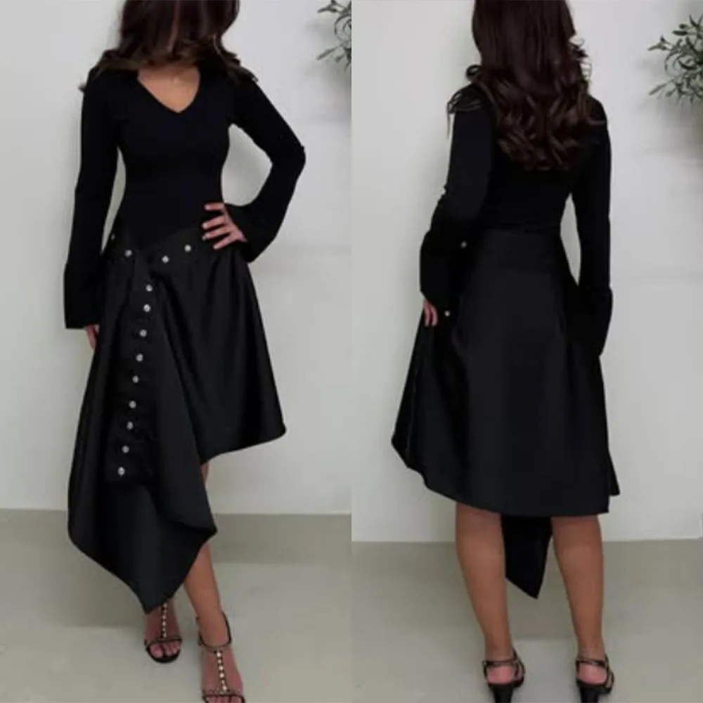 

High Quality Customized V-neck Full Sleeves Knee Length Black Buttons Robes De Soirée Luxe Dubaï Luxury Evening Gown فستان احمر