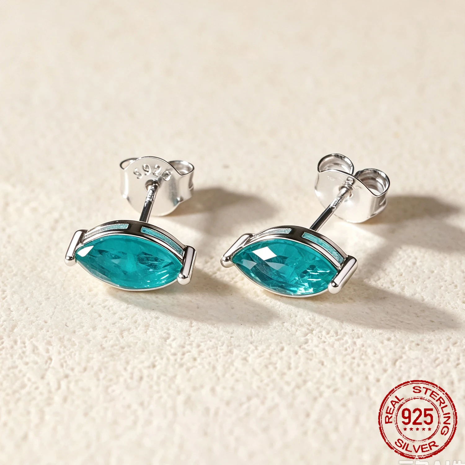OZAN Marquise Simulated Paraiba Tourmaline 925 Sterling Silver Earrings Stud Fashion Gemstone Jewelry for Women Lady Birthday
