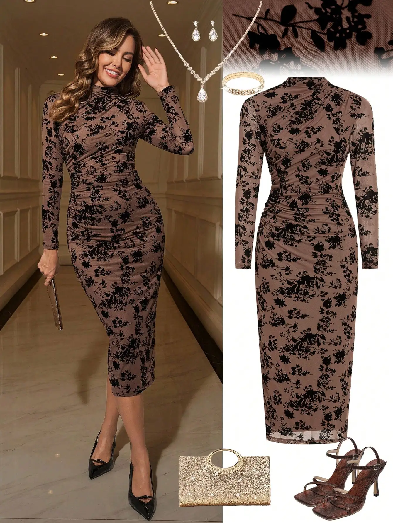 

Элегантное коричневое платье миди с цветочным принтом, длинными рукавами и драпировкой