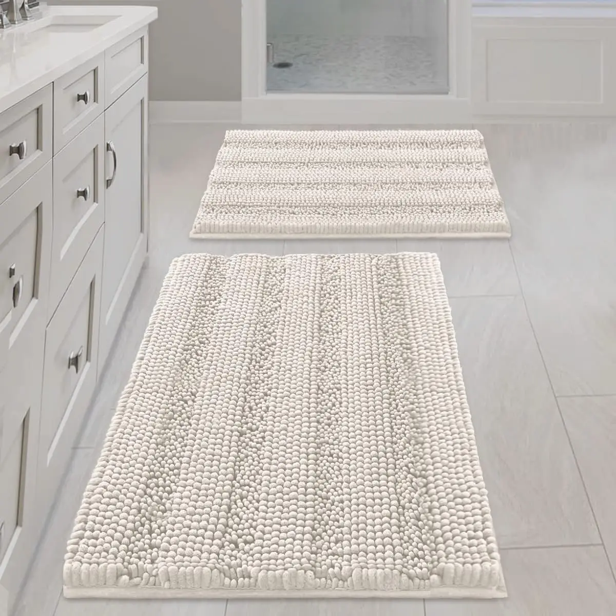 

Ivory Bath Mat Bath Rugs, Extra Thick Striped Bath Rugs for Bathroom 2 Piece Bathroom Set, Anti-Slip Soft Plush Chenille