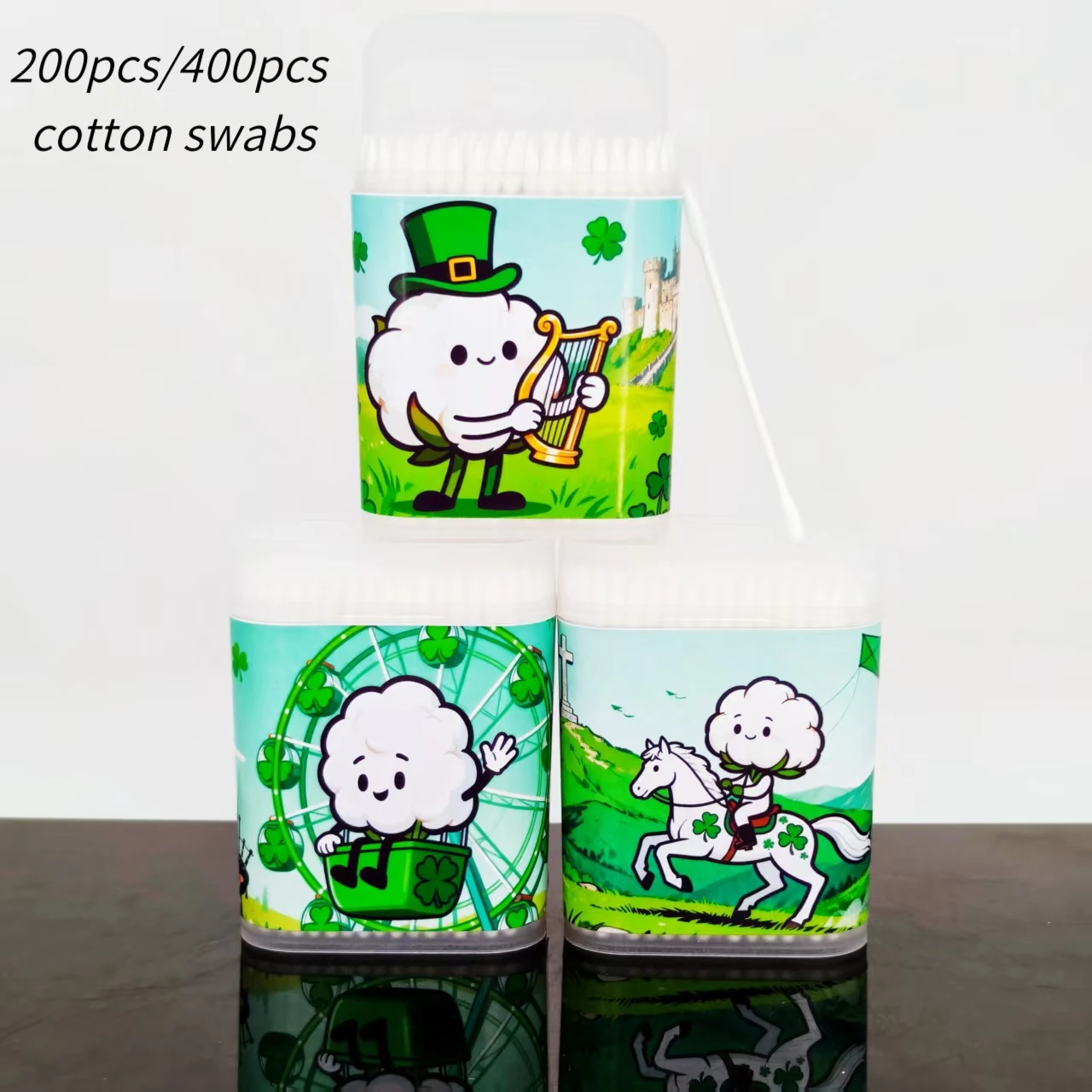 200 peças/400 peças cotonete de algodão com tema do dia de São Patrício cotonete de algodão branco de eixo fino cotonete de presente