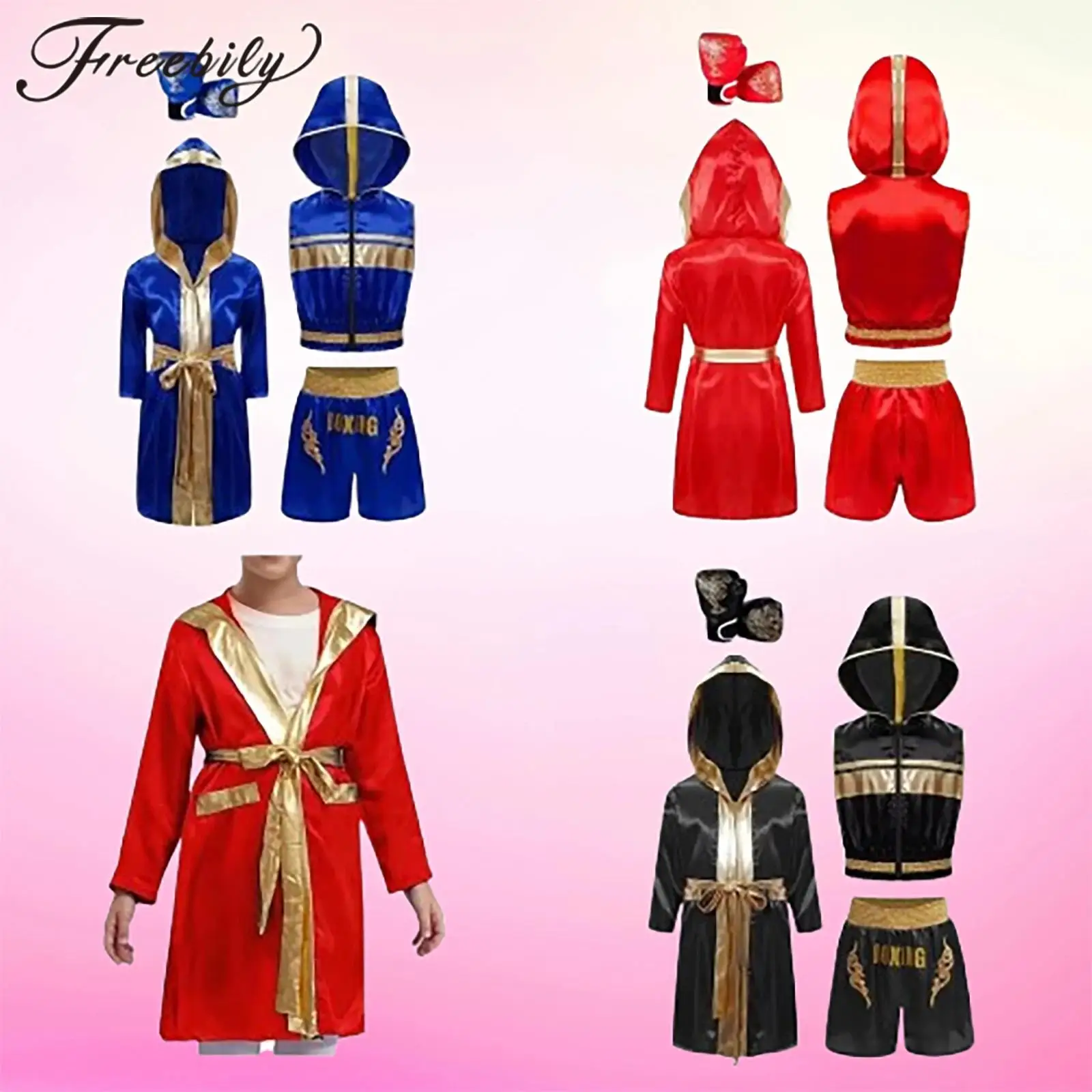 

Kids Boys Boxing Robe Muay Thai Boxer Gloves Outfit Fight Grappling Jerseys Color Block Hoodie Shorts Belted Martial Arts Outfit