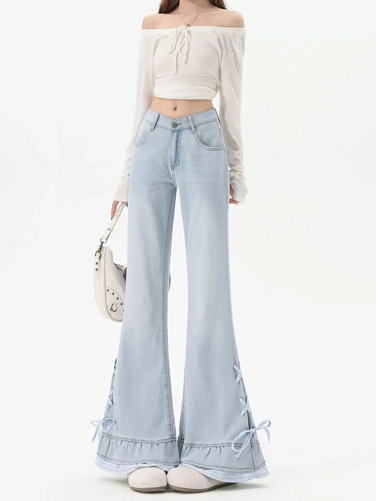 Y2K Light Blue Bow Tie Slightly Flared Denim Pants Low Waist Slimming Horseshoe Pants for Women Summer