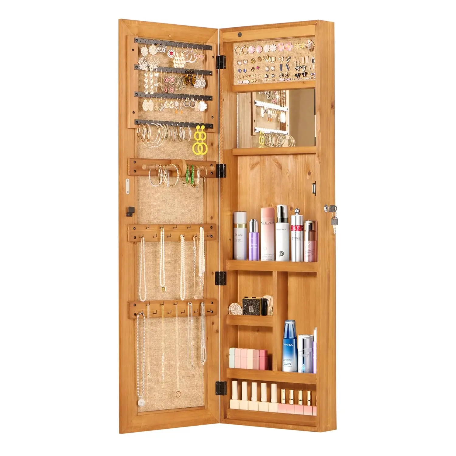 

Wood Jewelry Armoire Mirror LED Lockable 47.5in Wall Mount Necklace Ring Earring Bracelet Organizer, Customized