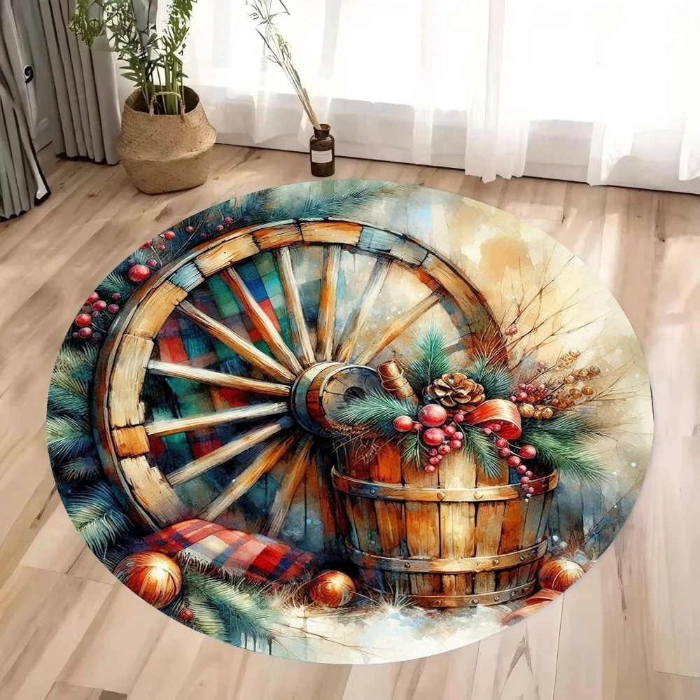 Vintage-Inspired Round Rug with Floral & Wooden Wheel Motif – Cozy Decor for Bedroom, Living Room & Hallway