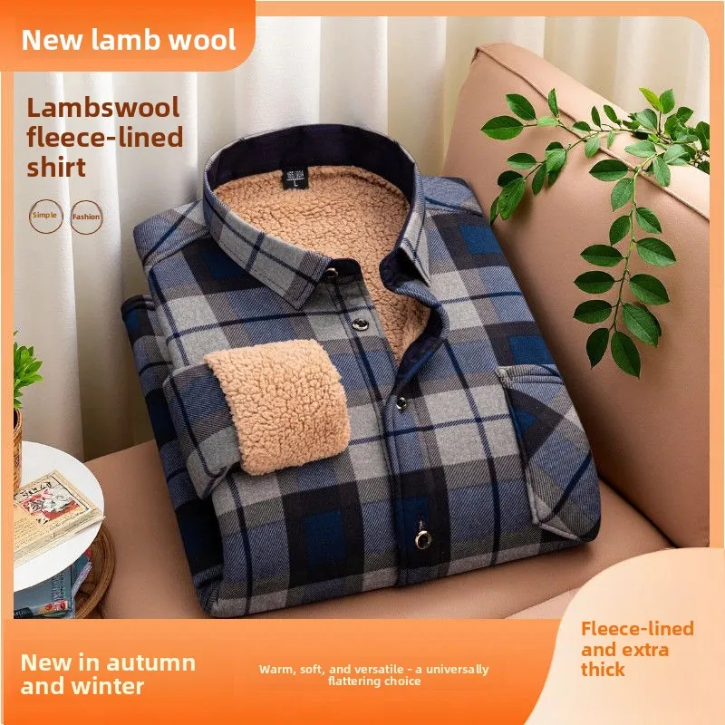Thickened Lambswool Lined Shirt Men's Plaid Long Sleeve Non Ironing Warm Smart Casual Shirt Wool Fleece Button Up Chemise Shirt