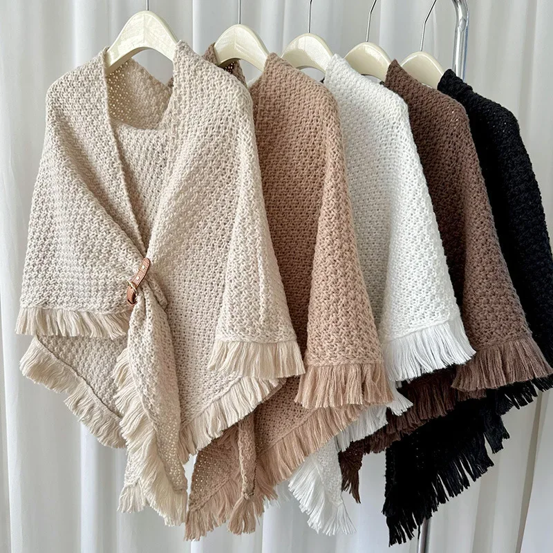 Poncho Cloak New autumn Winter Tassel Cape With Versatile Shawl Thickened Warmth Solid Color Knotted Scarf and Camisole Khaki