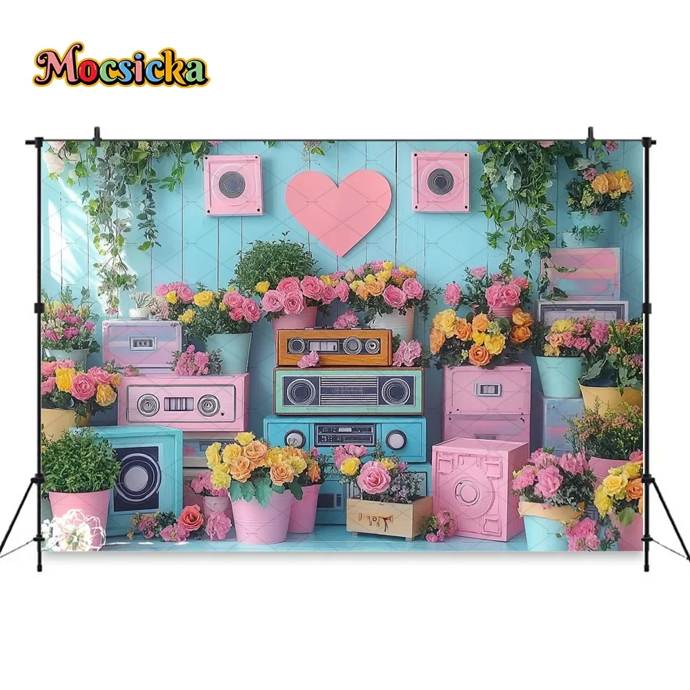 Valentine's Day Flower Room Background Colorful Radio Love Wood Wall Backdrop Girl Birthday Cake Smash Music Party Photo Studio