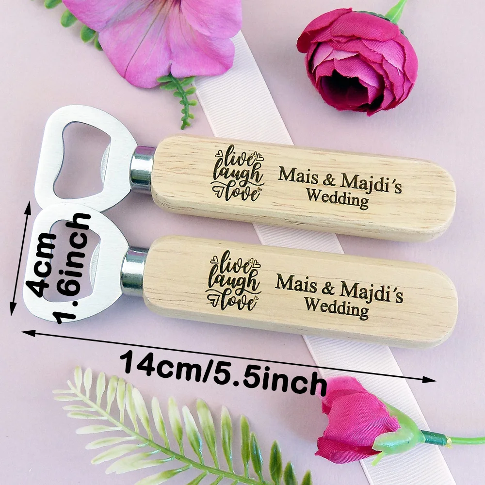 Custom Live Laugh Love Engraved Wood Bottle Opener Rustic Wedding Favors Hen Party Souvenirs Engagement Party Table Decorations
