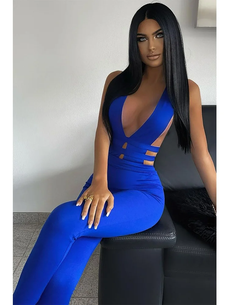 

Женский комбинезон Sister Star, модный однотонный полый комбинезон без рукавов с v-образным вырезом, облегающий повседневный комбинезон для ночного клуба и вечеринки
