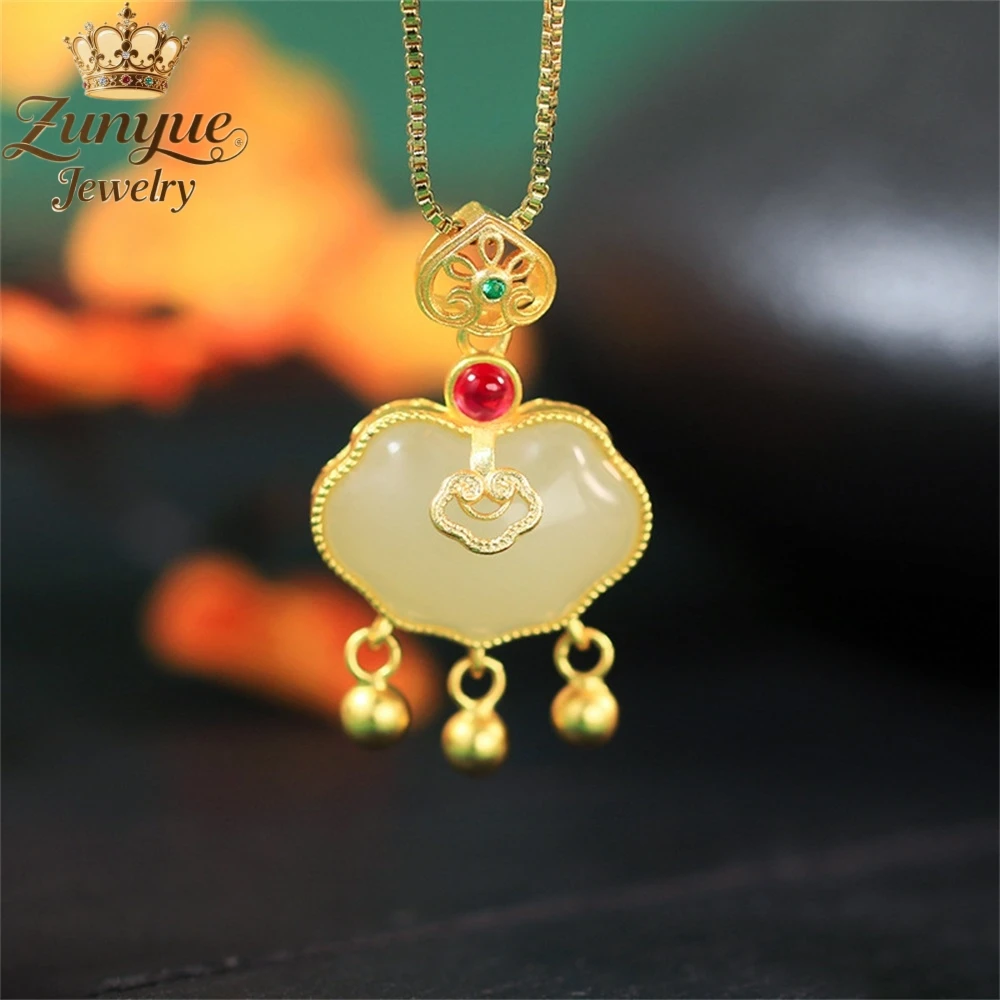 

24-каратное золото, натуральный нефрит Hetian Ruyi, кулон с замком, ожерелье, ювелирные изделия роскошного качества, модные ювелирные изделия, подвески, изысканные, популярные, элегантные