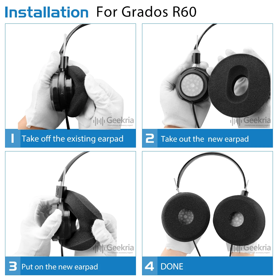 Geekria Comfort Foam Replacement Ear Pads for GRADO PS1000, GS1000i, RS1i, RS2i, SR325IS, GW100x Headphones