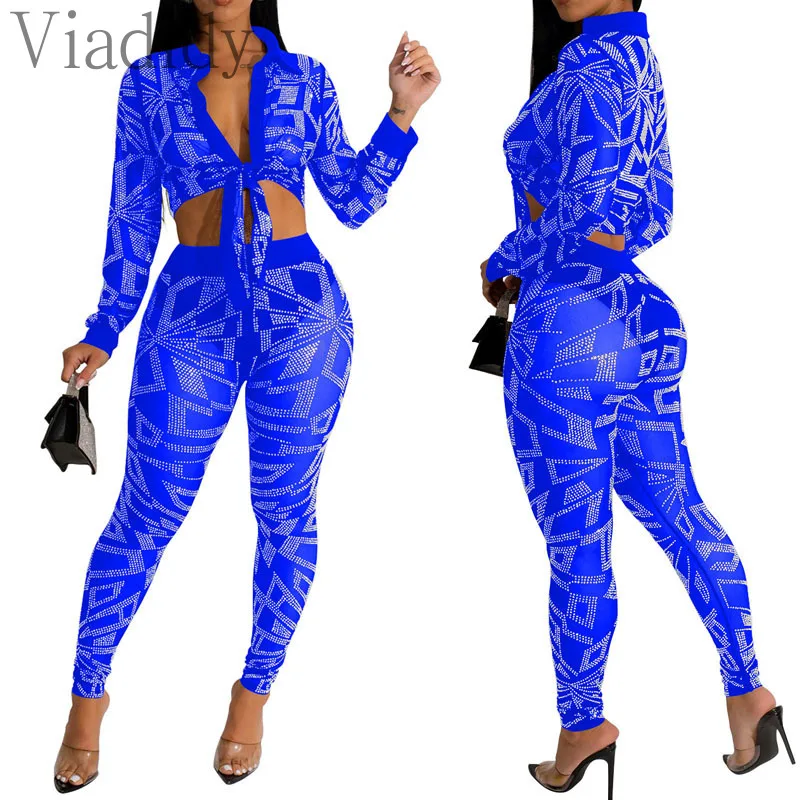 Women Two-Piece Lapel Front Button Mesh Rhinestone Long Sleeve Top And High Waist Skinny Pants Set