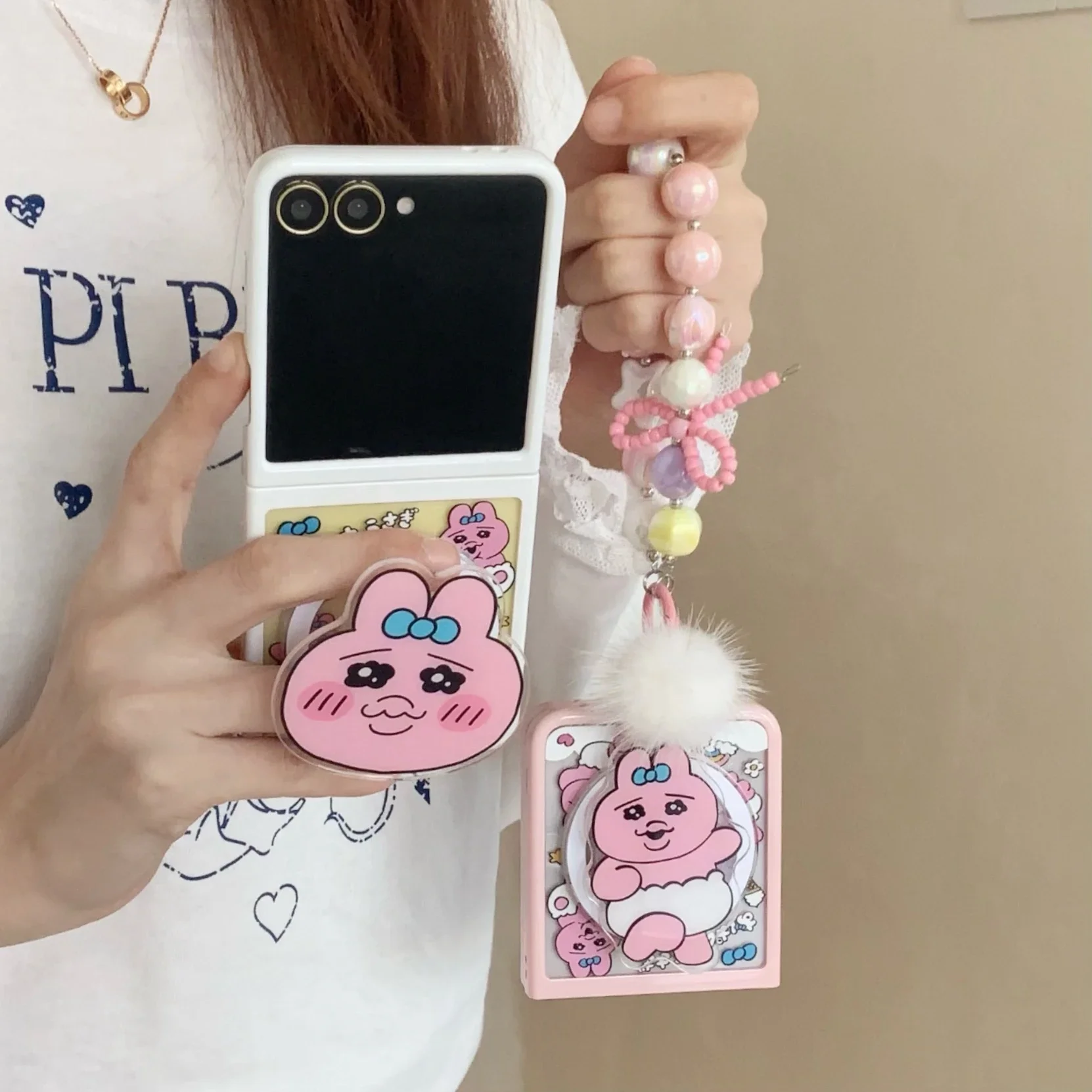 Funny Cute Pink Rabbit With Widgets Magsafe Magnetic Bracket Phone Case for Samsung Galaxy Z Flip 5 6 5G PC Anti-drop Back Cover