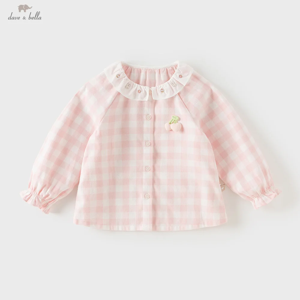 Dave Bella Autumn Shirt for Girls Blouse Tops Children Spring Clothes Pink White Plaid Cotton Lapel Charm Party Casual DB3263023