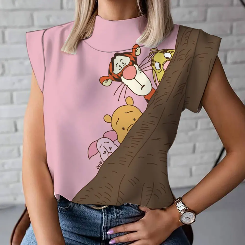 Camiseta de gola alta feminina de Winnie the Pooh, manga curta, confortável, casual, elegante