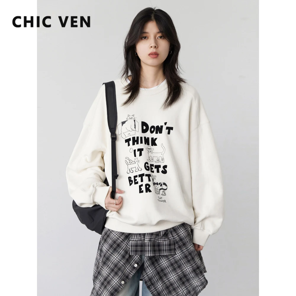

CHIC VEN Women Pullovers Fashion Causal Loose O-Neck Long Sleeved Plush Printed Hoodies Female Top Autumn Winter New 2025
