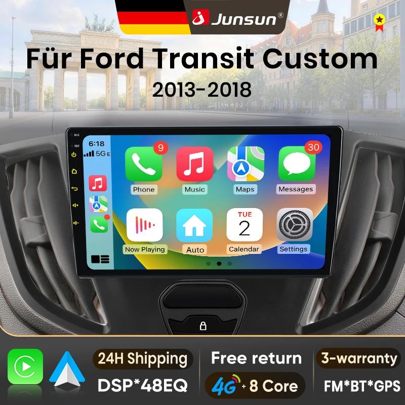 Autoradio Android 15 9 pouces Junsun pour Ford Transit 2015-2018, compatible Apple CarPlay sans fil, écran tactile, lecteur multimédia vidéo, système intelligent automobile, autoradio 2 Din, GPS, Bluetooth, 4G, WIFI, 8 cœurs, FM, AM, DSP, RDS, DAB+