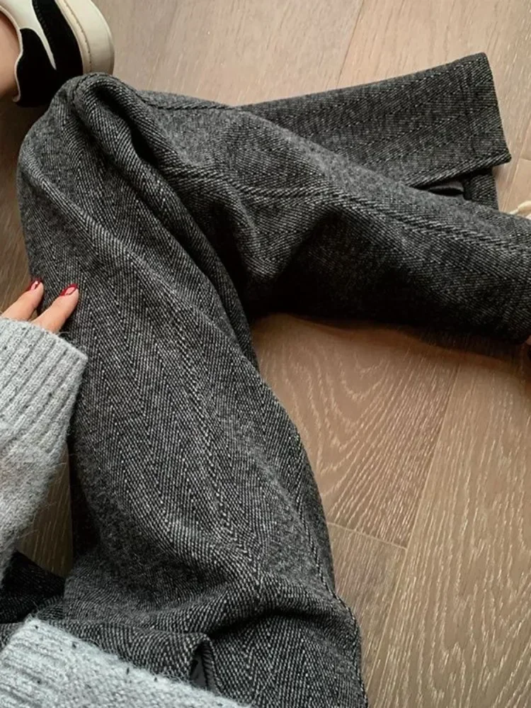 Pantaloni a gamba larga in lana a vita alta da donna, ispessimento invernale, moda, allungamento Chevron, apertura della lunghezza del pavimento, autunno