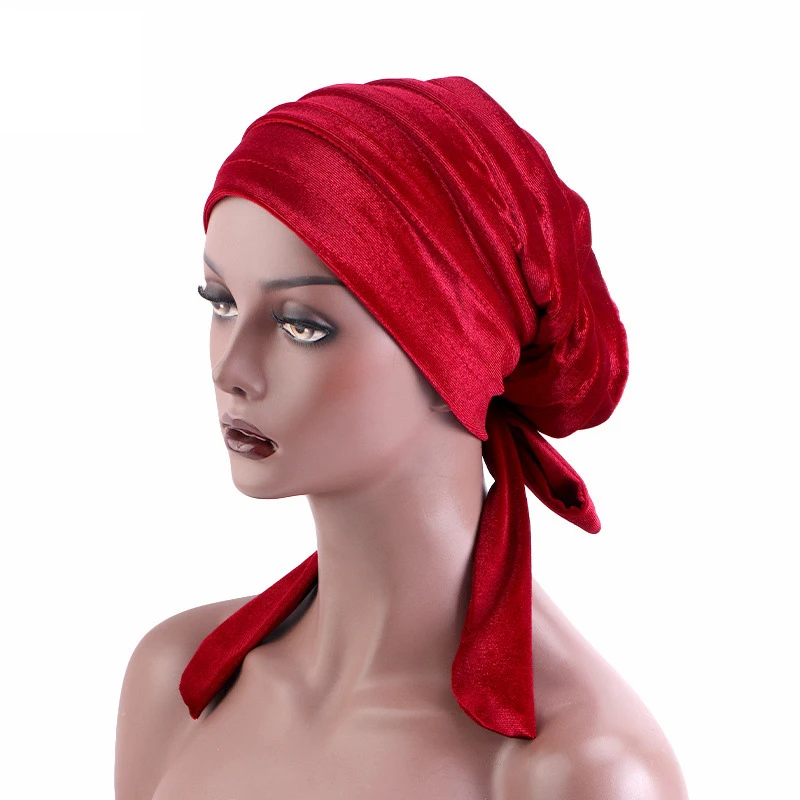 Boné de veludo monocromático para mulheres, turbante pré-amarração, fita com laço, chapéu capilar, boné de quimioterapia para câncer, chapéu africano, novo, longo, moda, 2024