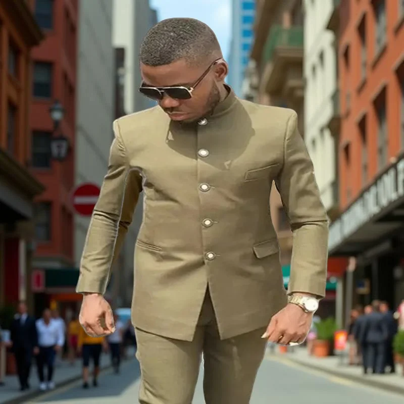 

Single Breasted Suits for Men African Fashion Style Slim Fit Wedding Tuxedo Groom Stand Collar Male Suit Set Jacket with Pants