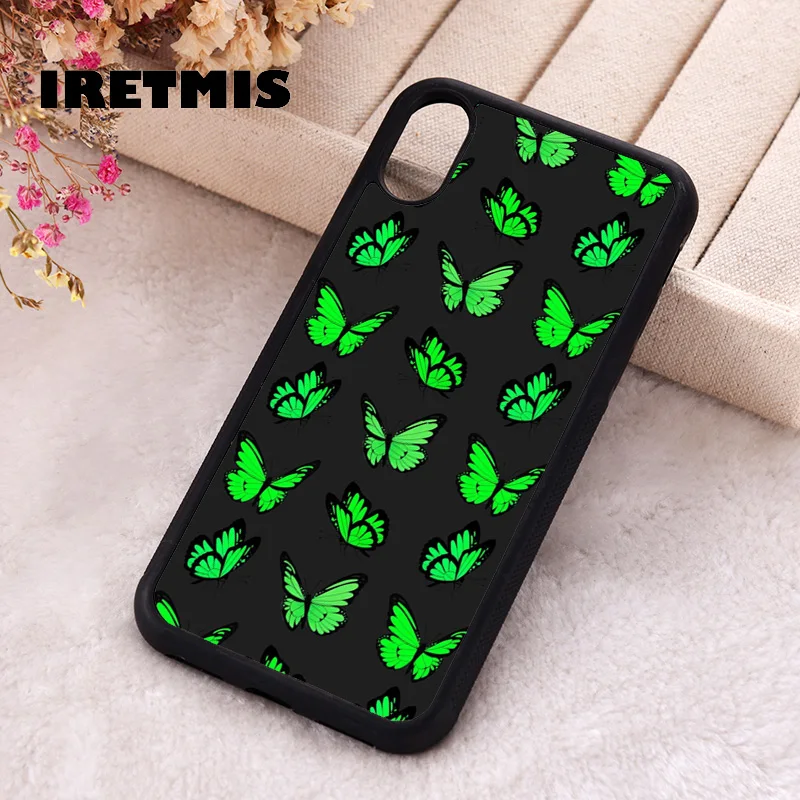 Iretmis Phone Cover Case For iPhone X XS Max XR 11 12 13 PRO MINI 14 15 16 Plus Rubber Silicone neon green butterflies