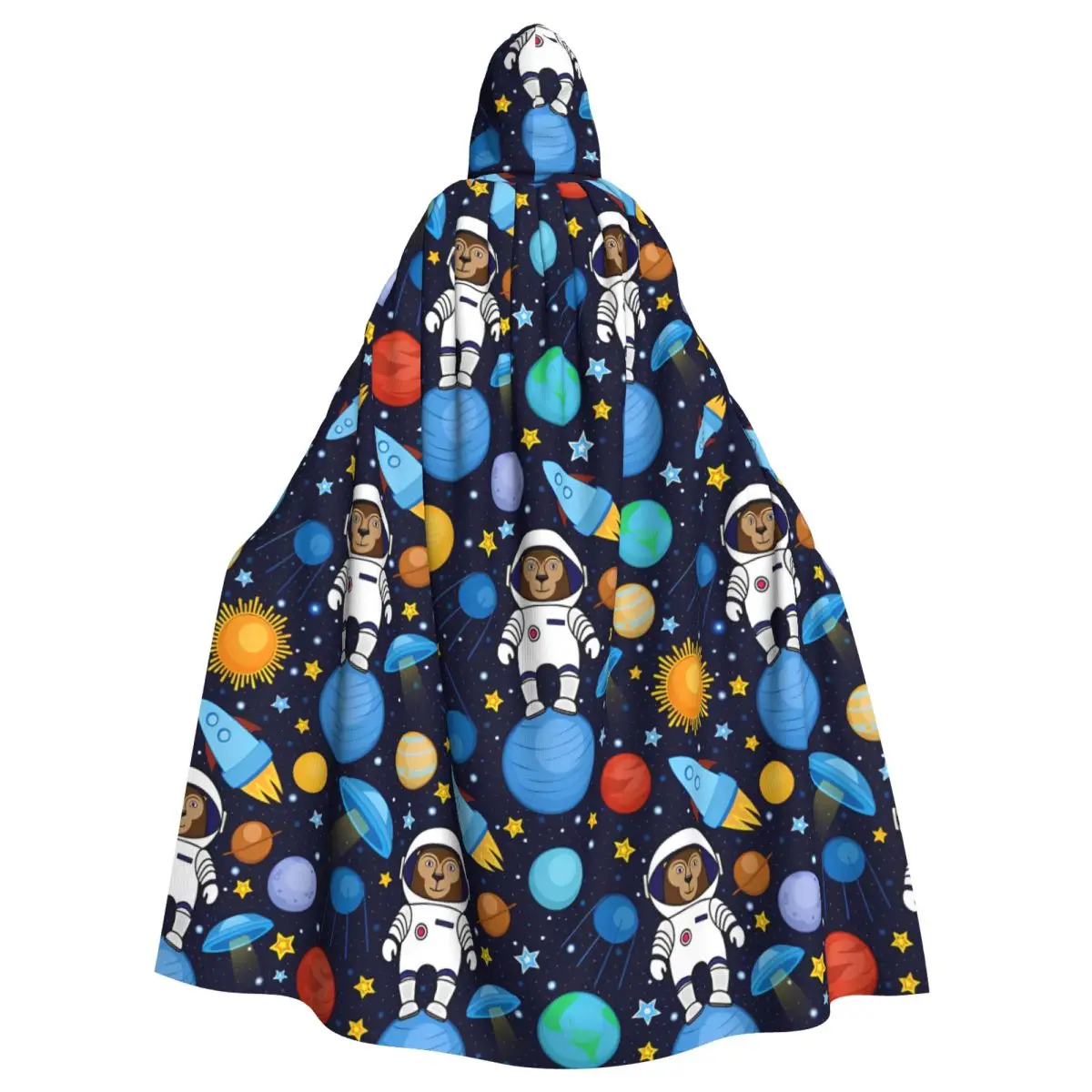 Cartoon Space Pattern With Monkey Astronauts Rockets Planets Witch Cloak Hooded Cosplay Costume Halloween Adult Long Party Cape