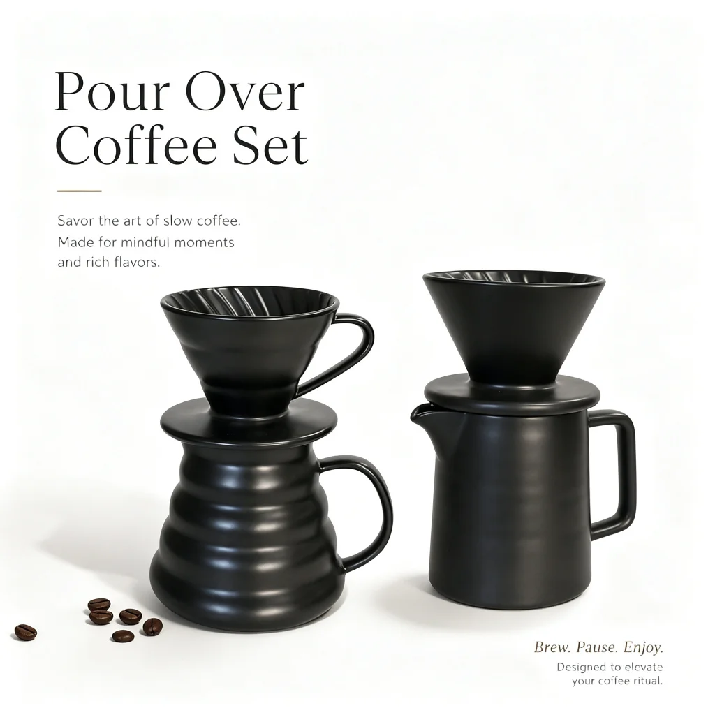 Black Ceramic Pour Over Coffee Dripper Set with Coffee Server Pot Matte Black Reusable Coffee Filter Cone for Home Office Cafe