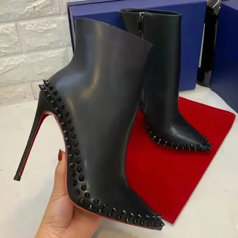 Genuine Leather Black Thin High Heels Ankle Boots for Women Rivets Boots Ladies Shoes Comfortable Pointed Toe