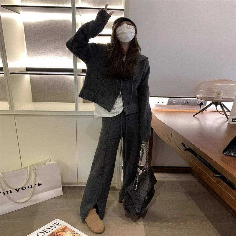 

Laid-back Style Zipper Hooded Sweater Two-piece Set New Spring Autumn Casual Fashionable Split Knitted Wide-leg Pants Set Women