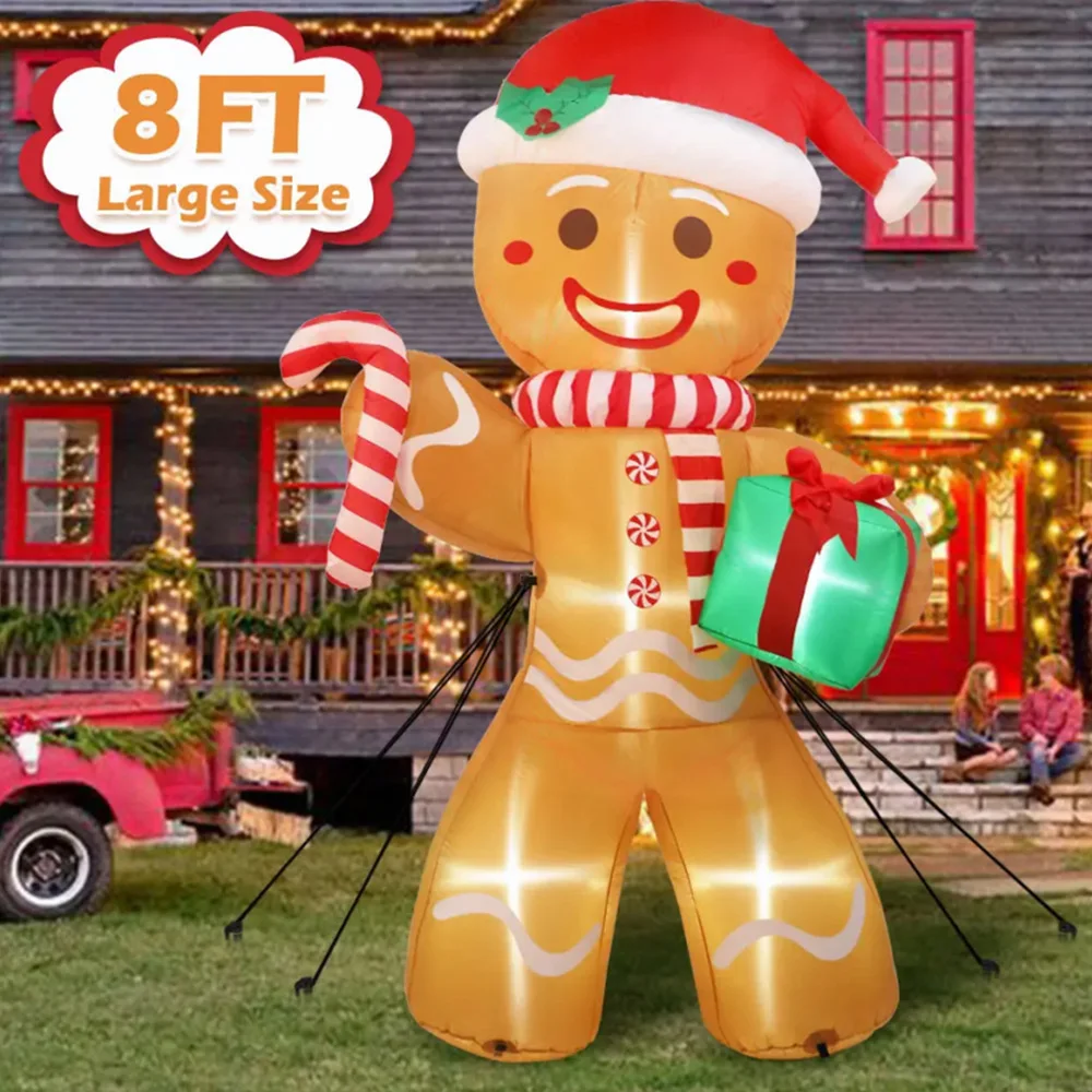 2.4M Christmas Inflatable Gingerbread Man LED Lighted Blow Up Decoration with Candy Christmas Decoration Outdoor Garden Party