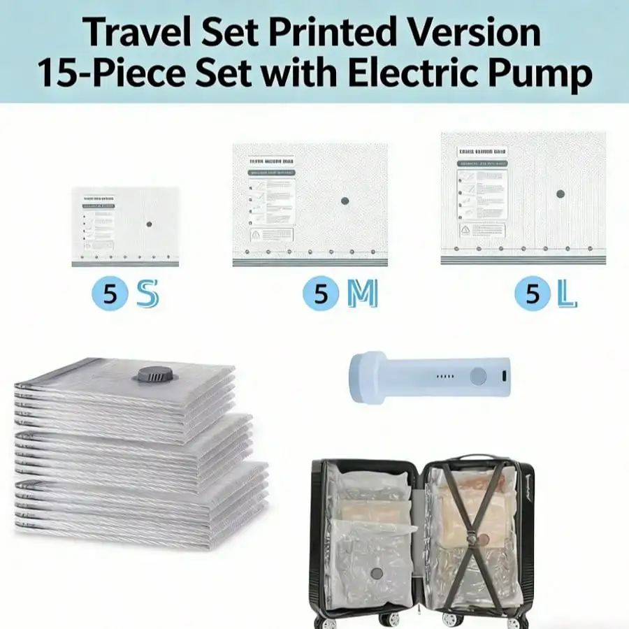 9/12/15 Pack Travel Vacuum Bags With Rechargeable Air Pump, Carry-On Size Vacuum Seal Bags For Luggage & Suitcase Compression, Space Saver Bags For Clothes Storage & Travel Essentials