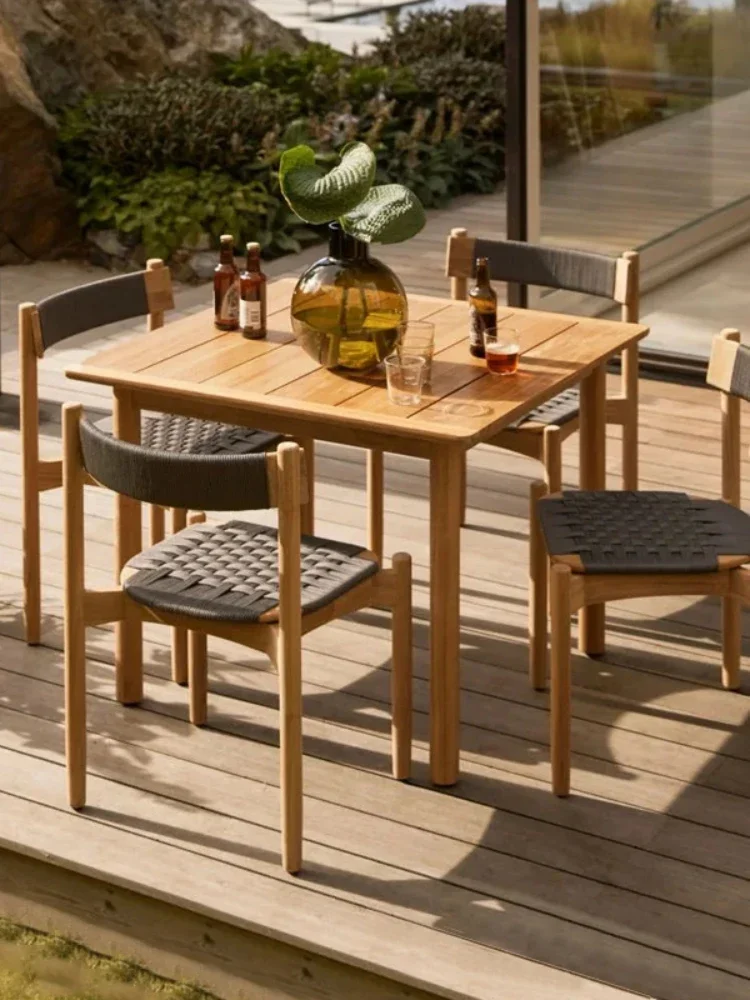 Outdoor Teak Rattan Table and Chair Courtyard Sunscreen and Waterproof Outdoor Balcony Garden Eight-Immortal Table Armchair