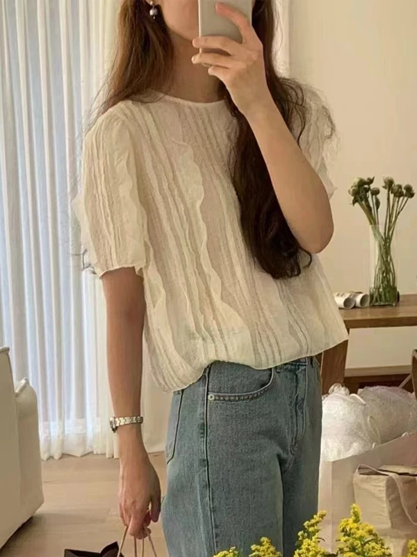 Chic coréen Sle ample ort Sve irt plissé Design sens nœud papillon femmes Faion thé esprit Ele haut été irt