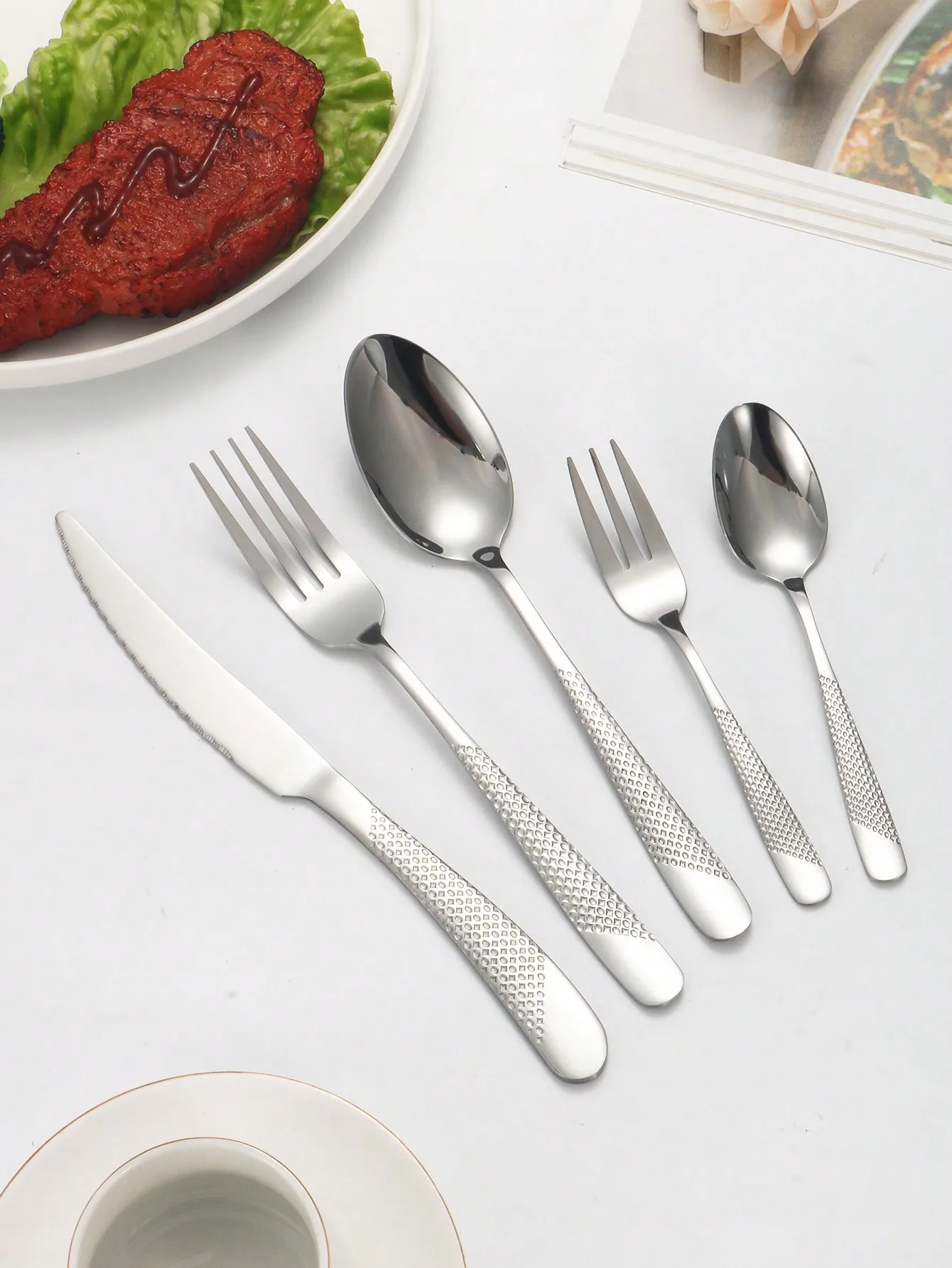 6pc/30pc Stainless steel silver high-end star diamond tableware set knife, fork and spoon dessert fork and spoon