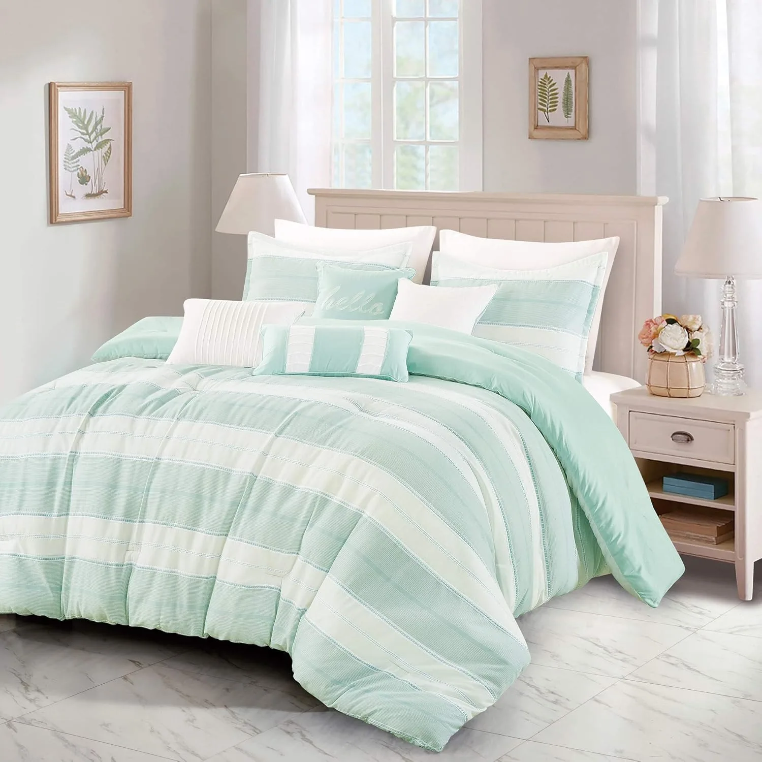 Queen Comforter Set 7 Piece Stripes Cotton Blend Soft Lightweight Down Alternative Beige Aqua light Mint Green