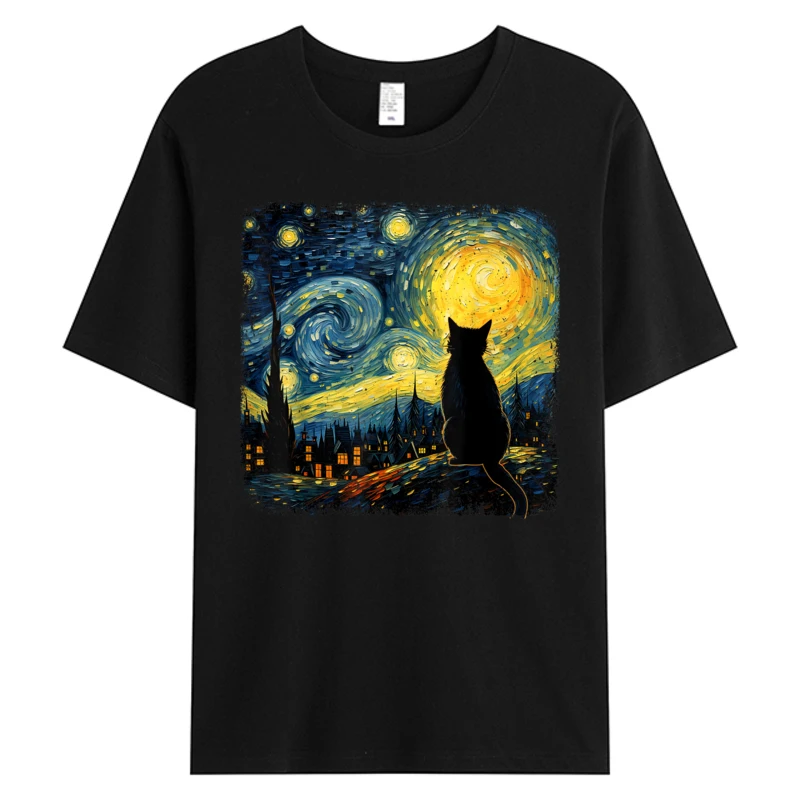 

Cat Starry Night Van Gogh T-shirt Lover Cats Mom Cat's Dad Tees Shirt Men's Cotton Fabric O-neck Hot Sell Graphic T-Shirts