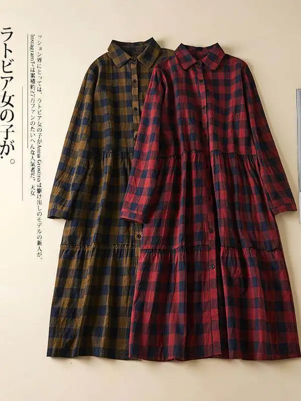 

Loose Long Sve Plaid Open Cardigan Korean Sle A-Line Skirt Single Button Ladies Midi Dr Spring Summer Autumn Women's ...