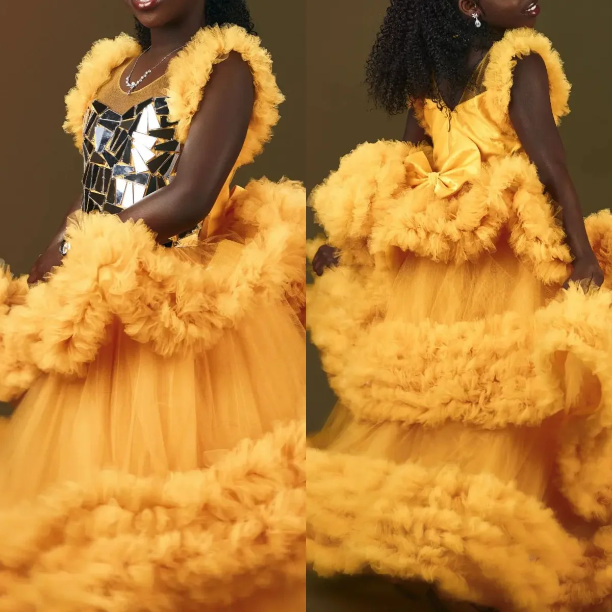 

Yellow Ruffles Flower Girl Dresses Little Children Ball Gown Kids Princess Crystals Tulle Baby Birthday Party Dress