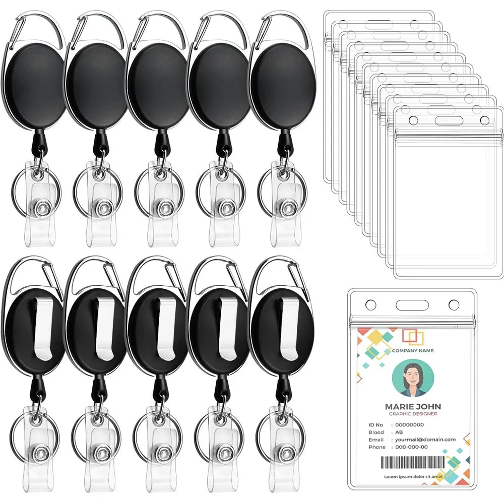 10-piece set of badge holders/keychains with retractable scroll and waterproof vertical transparent ID card holder.
