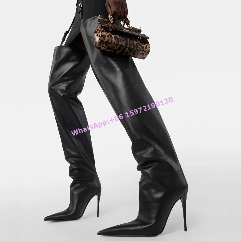 

Black Thigh High Boots Pointy Toe Thin Heels Buckle Belt Solid Leather Long Boots Women's Sexy Fashion Runway Shoes 2025