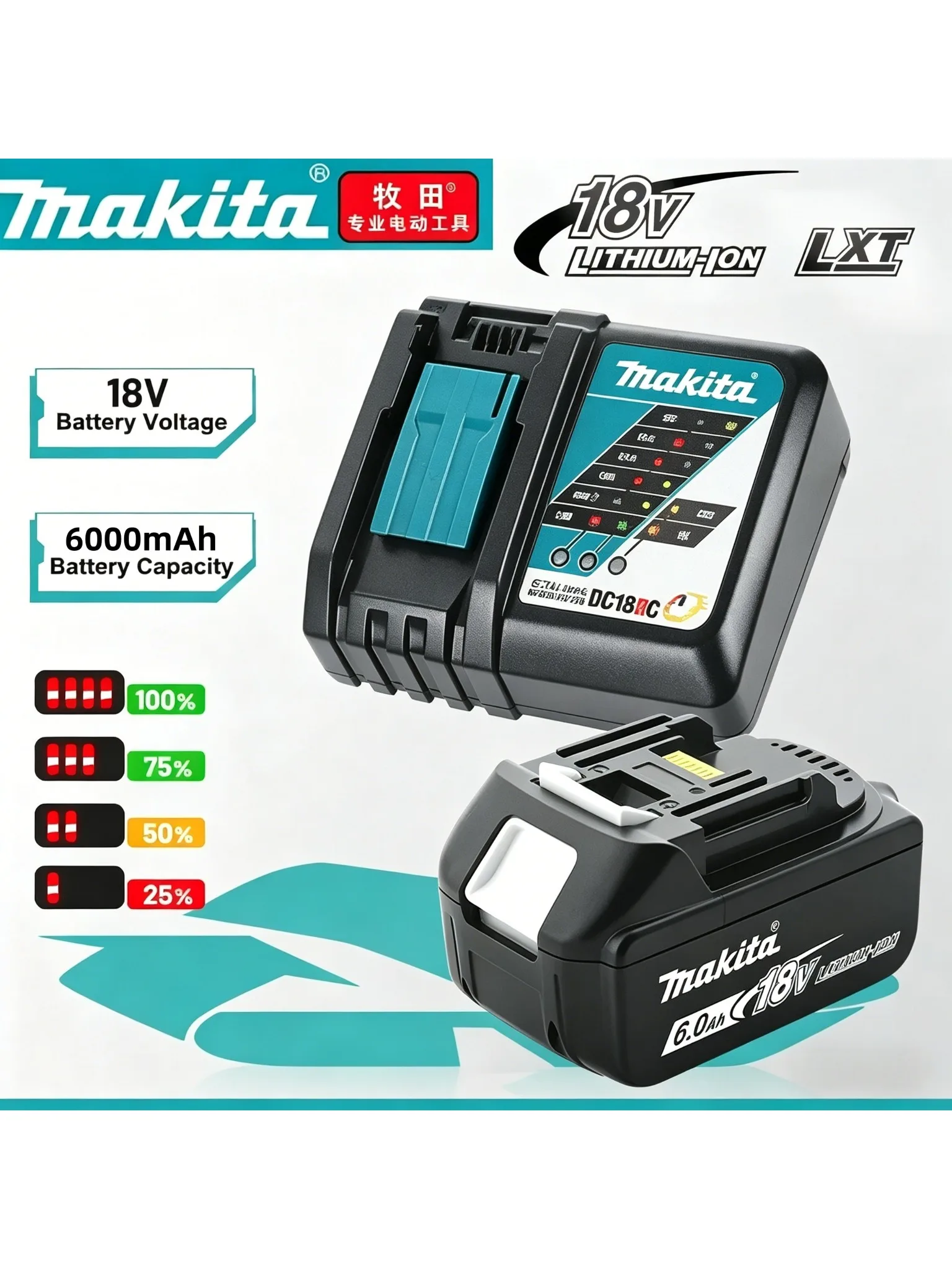 Originele Makita 18V 6.0Ah Batterij + DC18RC Snelle Lader Kit, BL1860B LXT Lithium Ion Power Tool Batterij, Gratis Verzending - afbeelding 2